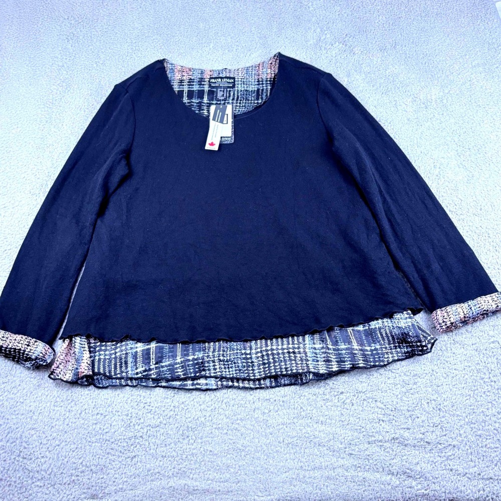Frank Lyman Layered Knit Top Women SZ 18 Black Printed Hem Long Sleeve 214262